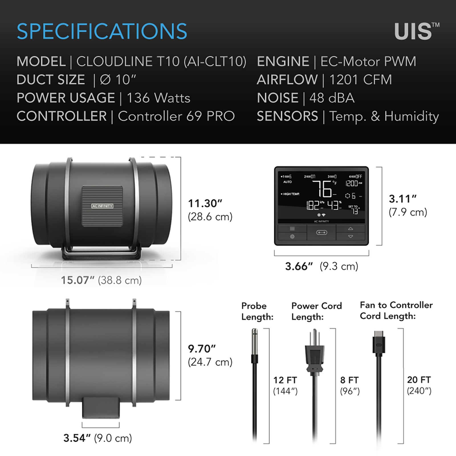 AC Infinity CLOUDLINE PRO T10 |  Quiet Inline Duct Fan System with Temperature Humidity VPD Controller |  10-Inch - CannaFull Spectrum Solutions