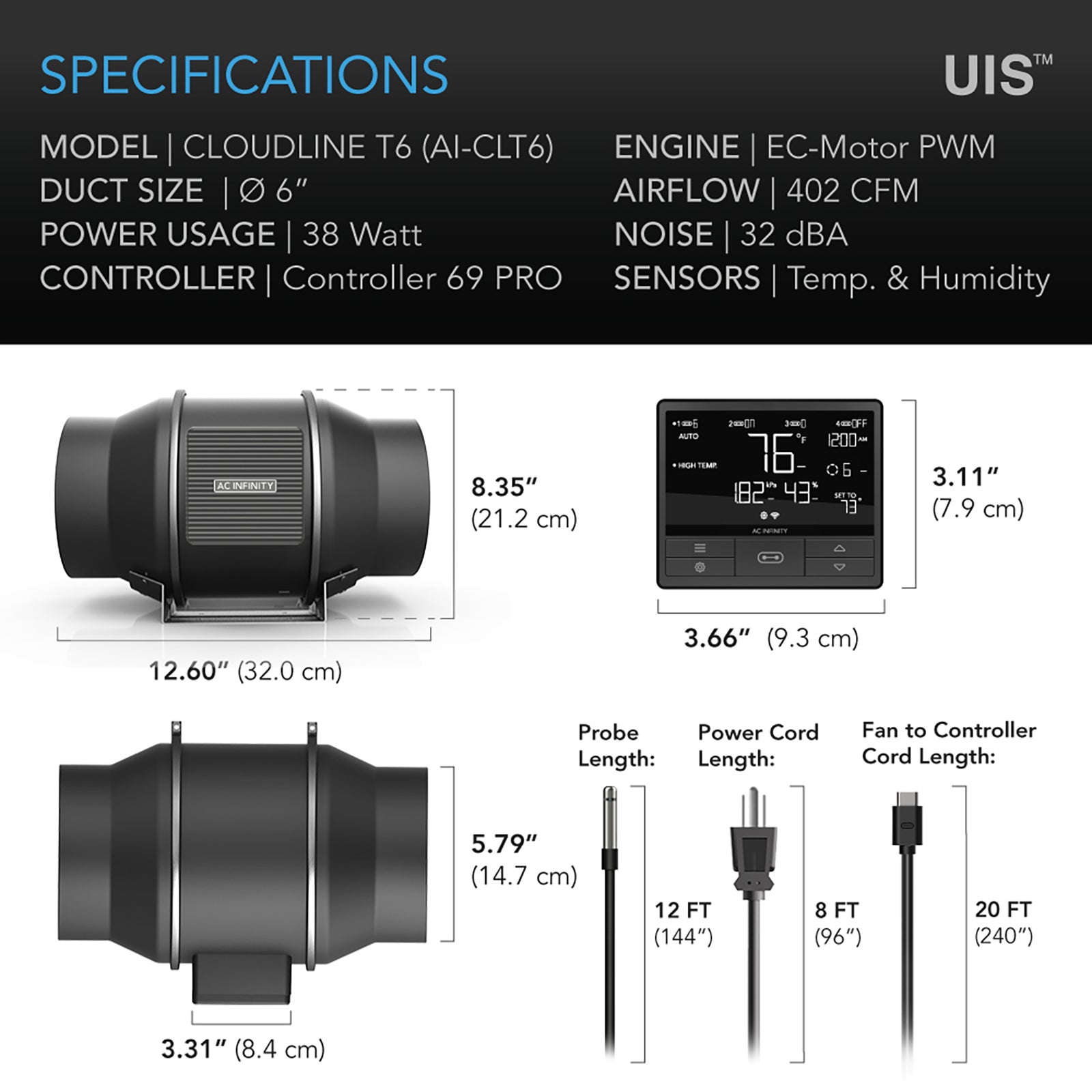 AC Infinity CLOUDLINE PRO T6 |  Quiet Inline Duct Fan System with Temperature Humidity VPD Controller |  6-Inch - CannaFull Spectrum Solutions