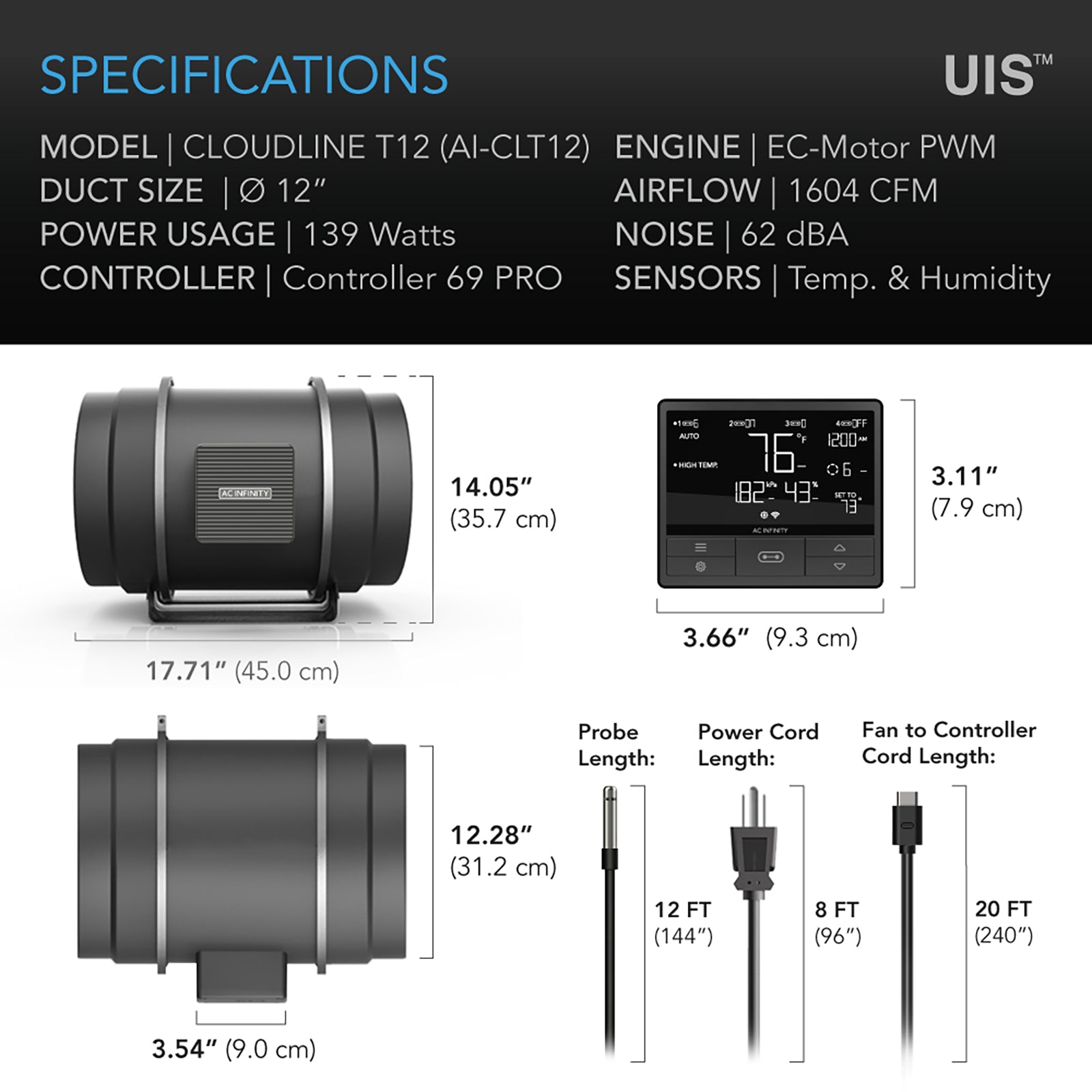 AC Infinity CLOUDLINE PRO T12 |  Quiet Inline Duct Fan System with Temperature Humidity VPD Controller |  12-Inch - CannaFull Spectrum Solutions