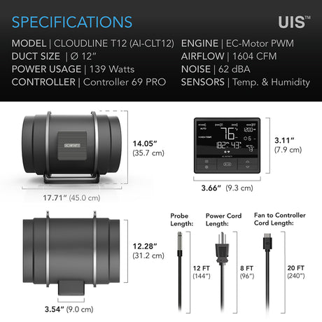 AC Infinity CLOUDLINE PRO T12 |  Quiet Inline Duct Fan System with Temperature Humidity VPD Controller |  12-Inch - CannaFull Spectrum Solutions