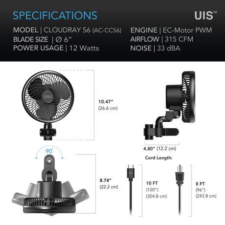 AC Infinity CLOUDRAY S6 |  Grow Tent Clip Fan 6” with 10 Speeds |  EC-Motor |  Auto Oscillation - CannaFull Spectrum Solutions