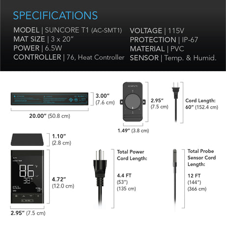 AC Infinity SUNCORE T1 |  Seedling Heat Mat |  Digital Thermostat with Heat Controller |  3" x 20" - CannaFull Spectrum Solutions