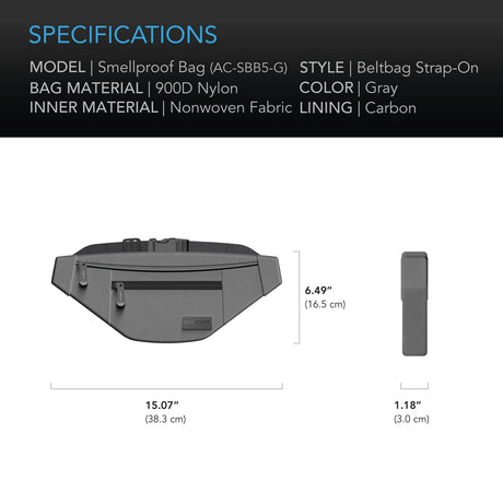AC Infinity Smell Proof Belt Bag |  Gray |  with 900D Nylon Fabric and Carbon Filter Lining - CannaFull Spectrum Solutions
