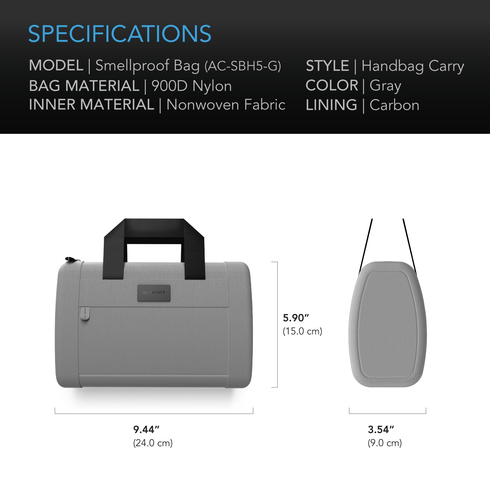 AC Infinity Smell Proof Handbag |  Gray |  with 900D Nylon Fabric and Carbon Filter Lining - CannaFull Spectrum Solutions