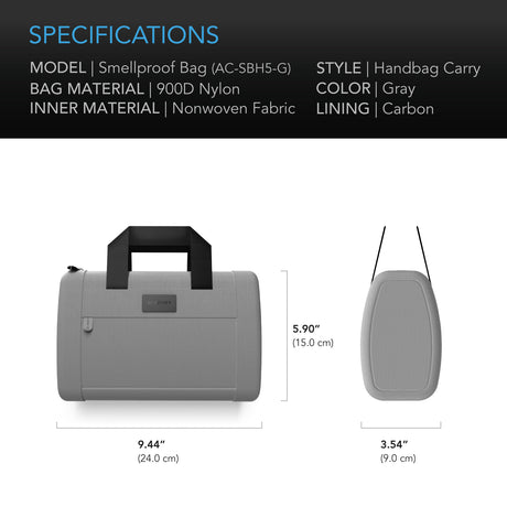 AC Infinity Smell Proof Handbag |  Gray |  with 900D Nylon Fabric and Carbon Filter Lining - CannaFull Spectrum Solutions