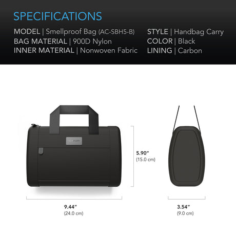 AC Infinity Smell Proof Handbag |  Black |  with 900D Nylon Fabric and Carbon Filter Lining - CannaFull Spectrum Solutions