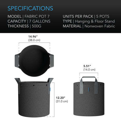 AC Infinity Heavy Duty Reusable Fabric Pots |   7 Gallon |  5-Pack - CannaFull Spectrum Solutions