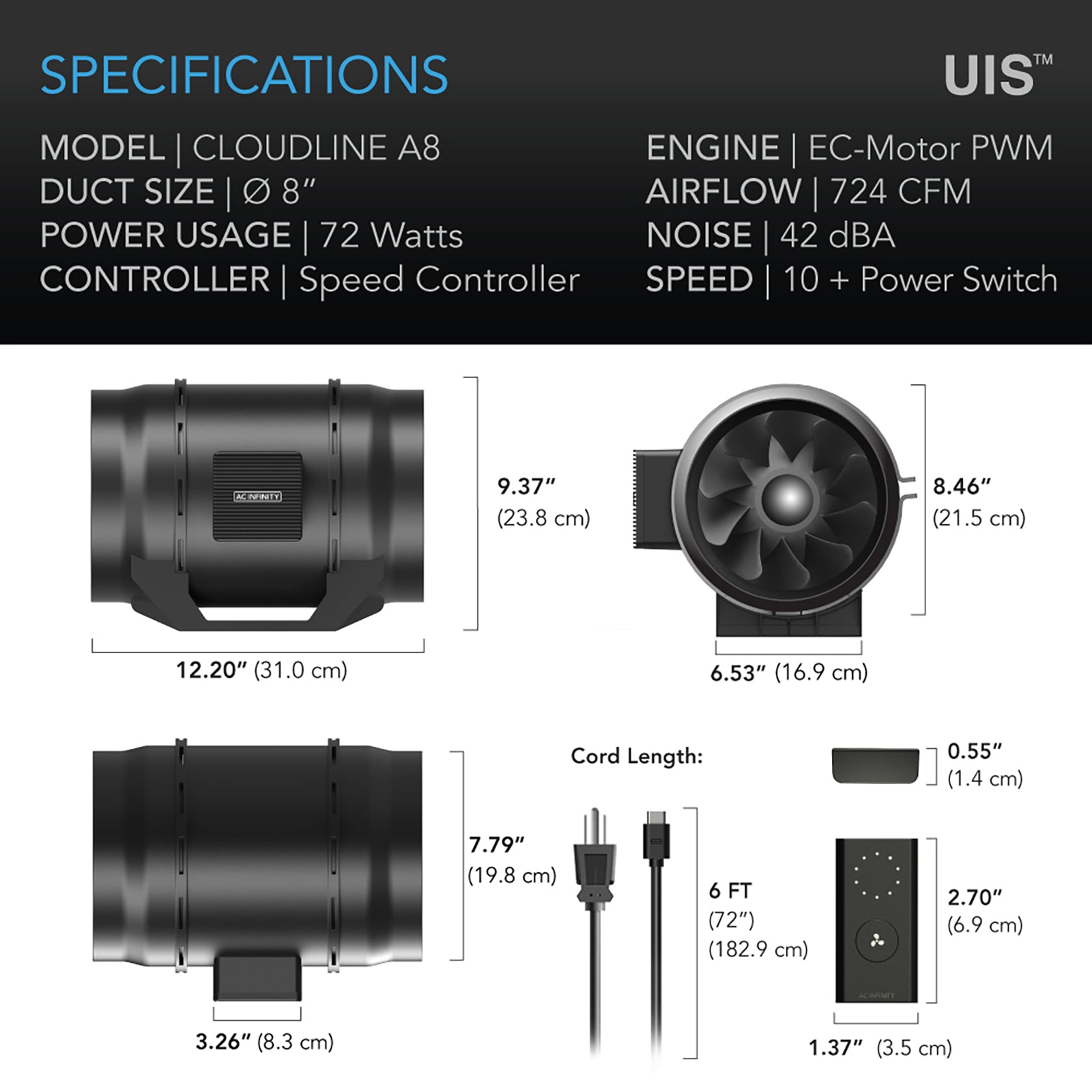 AC Infinity CLOUDLINE A8 |  Quiet Inline Fan with Speed Controller |  8-Inch - CannaFull Spectrum Solutions