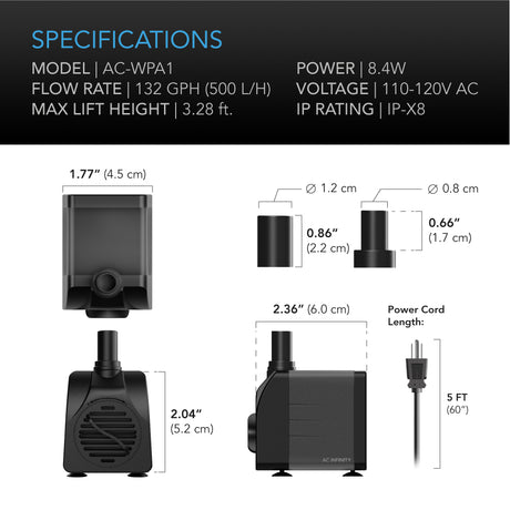 AC Infinity Submersible Water Pump |  3-Feet Lift Height |  132 GPH (500 L/H) - CannaFull Spectrum Solutions