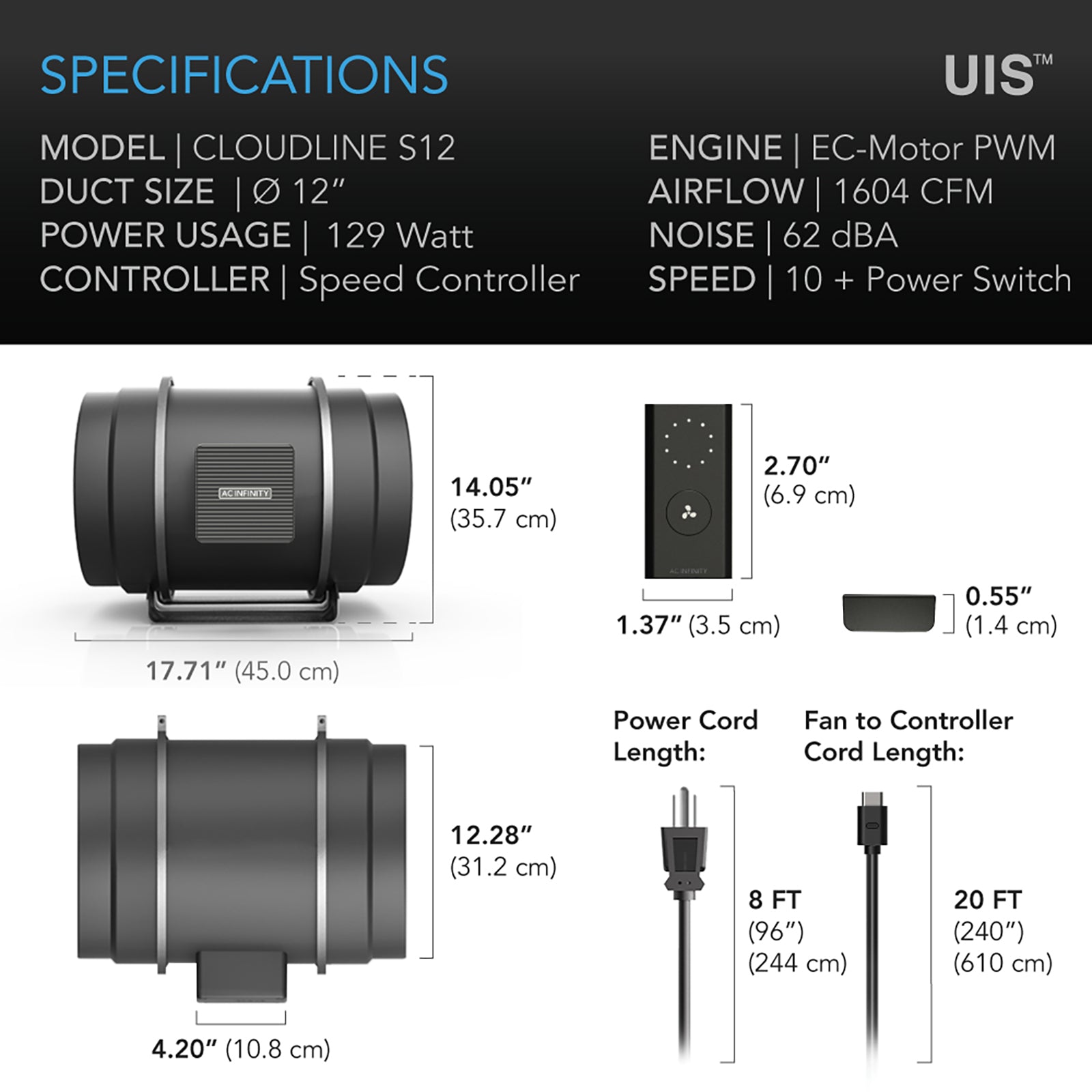 AC Infinity CLOUDLINE PRO S12 |  Quiet Inline Duct Fan System with Speed Controller |  12-Inch - CannaFull Spectrum Solutions