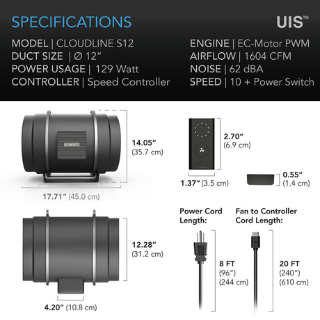 AC Infinity CLOUDLINE PRO S12 |  Quiet Inline Duct Fan System with Speed Controller |  12-Inch - CannaFull Spectrum Solutions