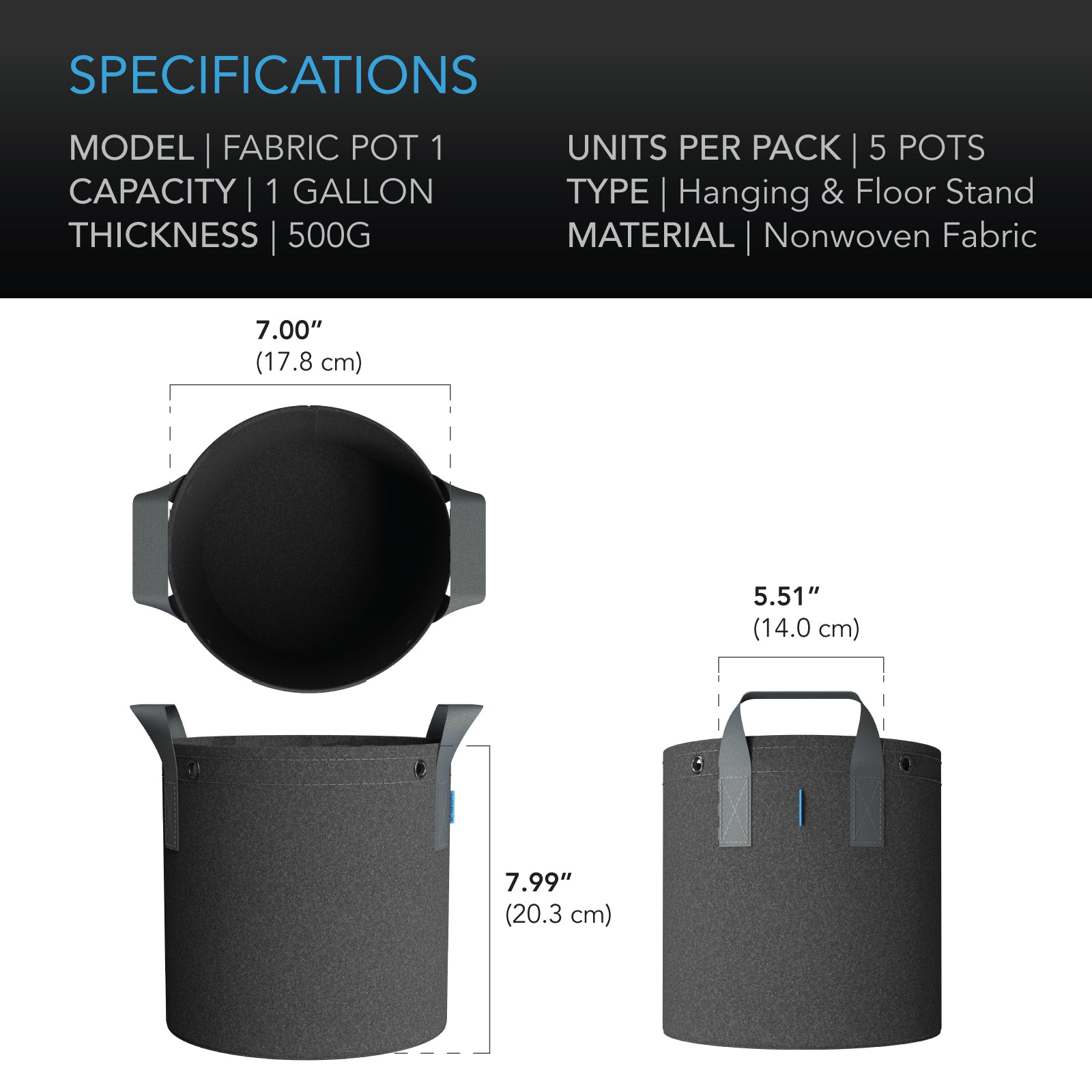 AC Infinity Heavy Duty Reusable Fabric Pots |   1 Gallon |  5-Pack - CannaFull Spectrum Solutions