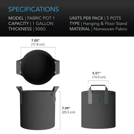AC Infinity Heavy Duty Reusable Fabric Pots |   1 Gallon |  5-Pack - CannaFull Spectrum Solutions