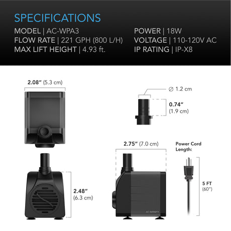 AC Infinity Submersible Water Pump |  5-Feet Lift Height |  211 GPH (800 L/H) - CannaFull Spectrum Solutions