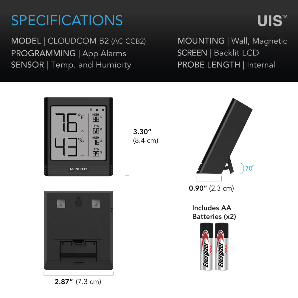 AC Infinity CLOUDCOM B2 |  Smart Thermo-Hygrometer with Data App |  Integrated Sensor Probe - CannaFull Spectrum Solutions