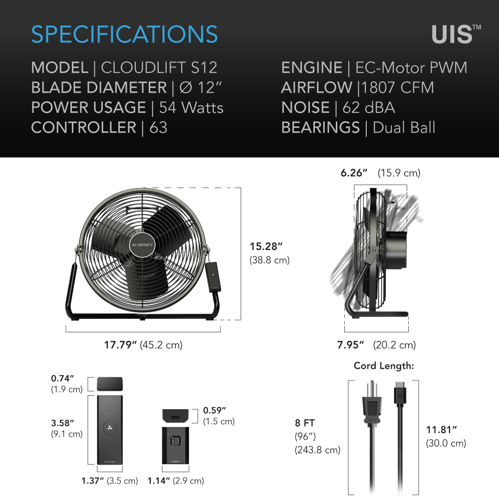 AC Infinity CLOUDLIFT S12 |  Floor Wall Fan with Wireless Controller |  12-Inch - CannaFull Spectrum Solutions