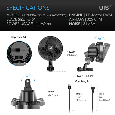 AC Infinity CLOUDRAY S6 2-Pack 6in Clip Fan | 325 CFM, 10 Speeds - image 7